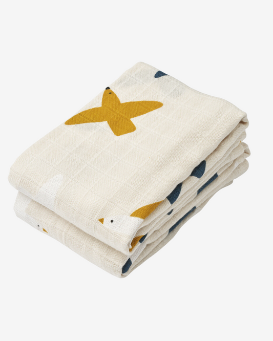 Liewood - Lewis Muslin Cloth 2-Pack - Babyteppe - Birds / Sea shell